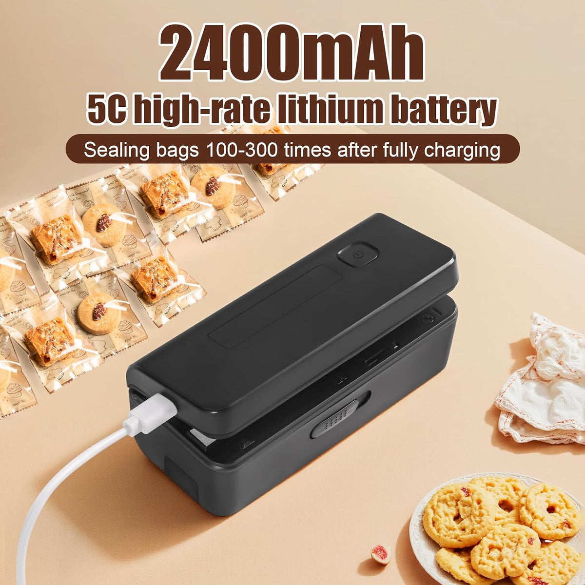 Mini Bag Sealer, 4.7" Potato Chip Bags Heat Sealer with LED Power Display & 9 Adjustable Gears, Capper Bag Reseal & Cutter, Rechargeable Sealing Machine Impulse for Snack Plastic Bag Mylar Cereal Bags